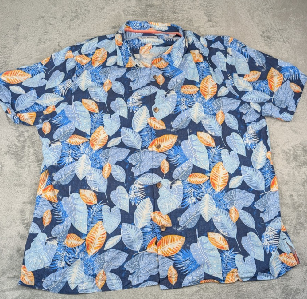 Tommy Bahama Blue Floral Printed Short Sleeve Button Up Silk Shirt Men's XXL